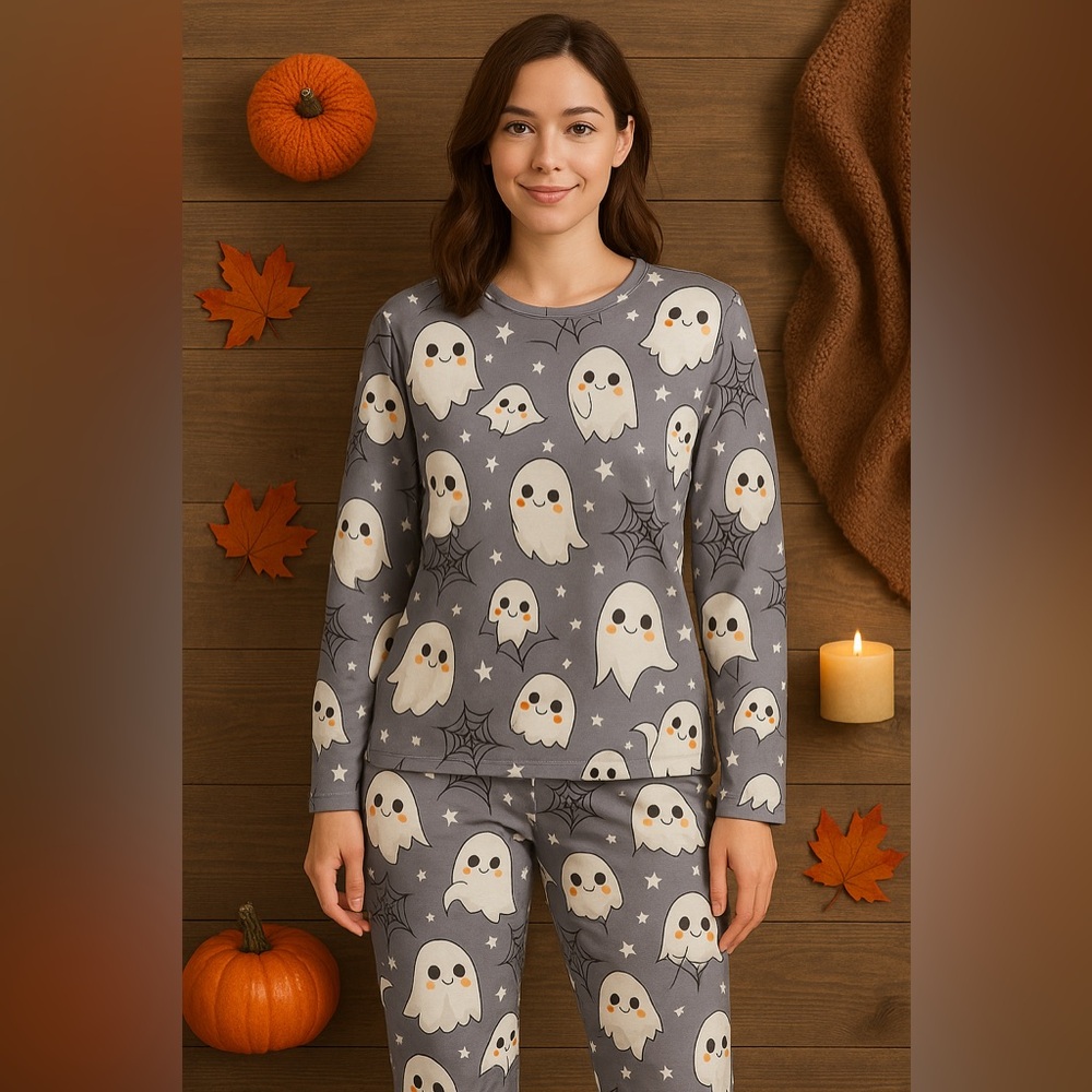 Halloween Ghost Pajama Set XL – Gray Long Sleeve & Pants, Cute Spooky Loungewear